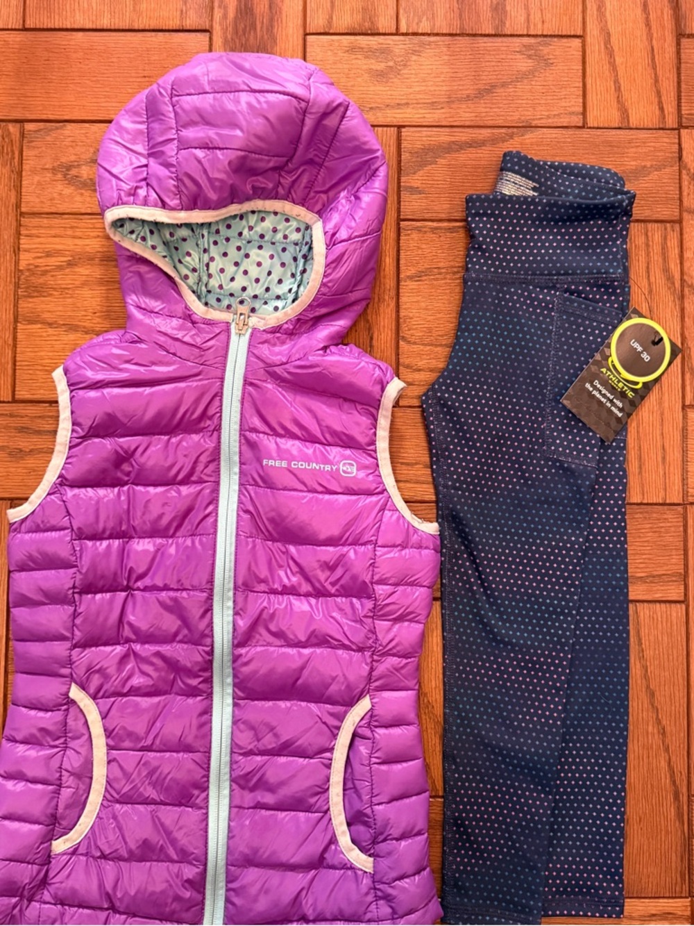 Free Country Purple Hooded Puffer Vest and NWT Athletic Works Leggings